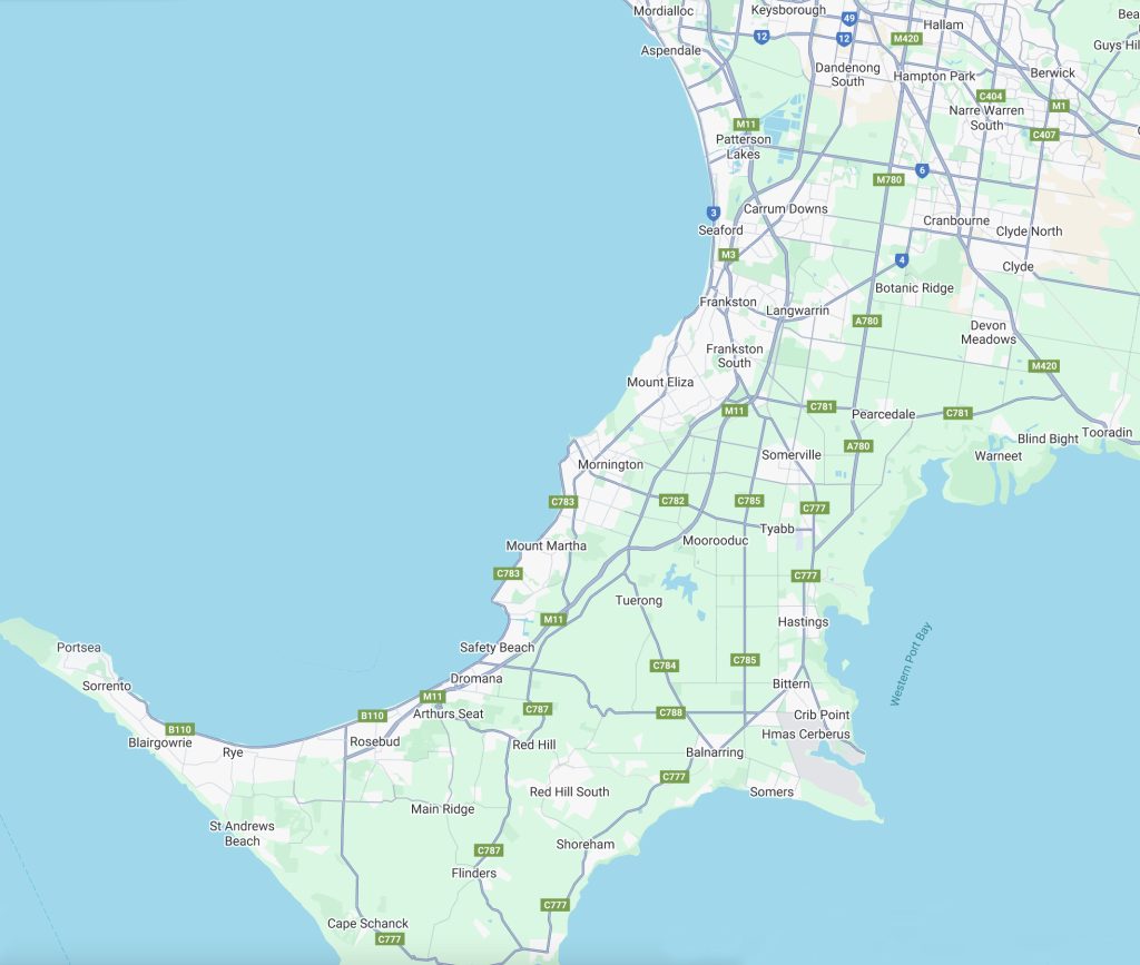 Detailed map of the Mornington Peninsula region in Victoria, Australia, highlighting key suburbs and roadways serviced by local plumbing professionals.
